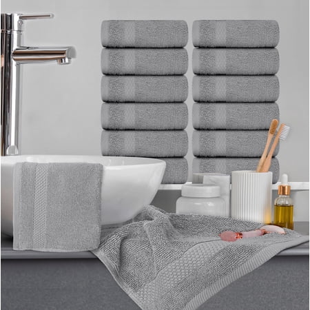 White Classic Hotel Collection Soft Cotton Washcloth Set, Small Bath Towels and Face Cloths, Light Grey, 13 x 13, 12 Pack