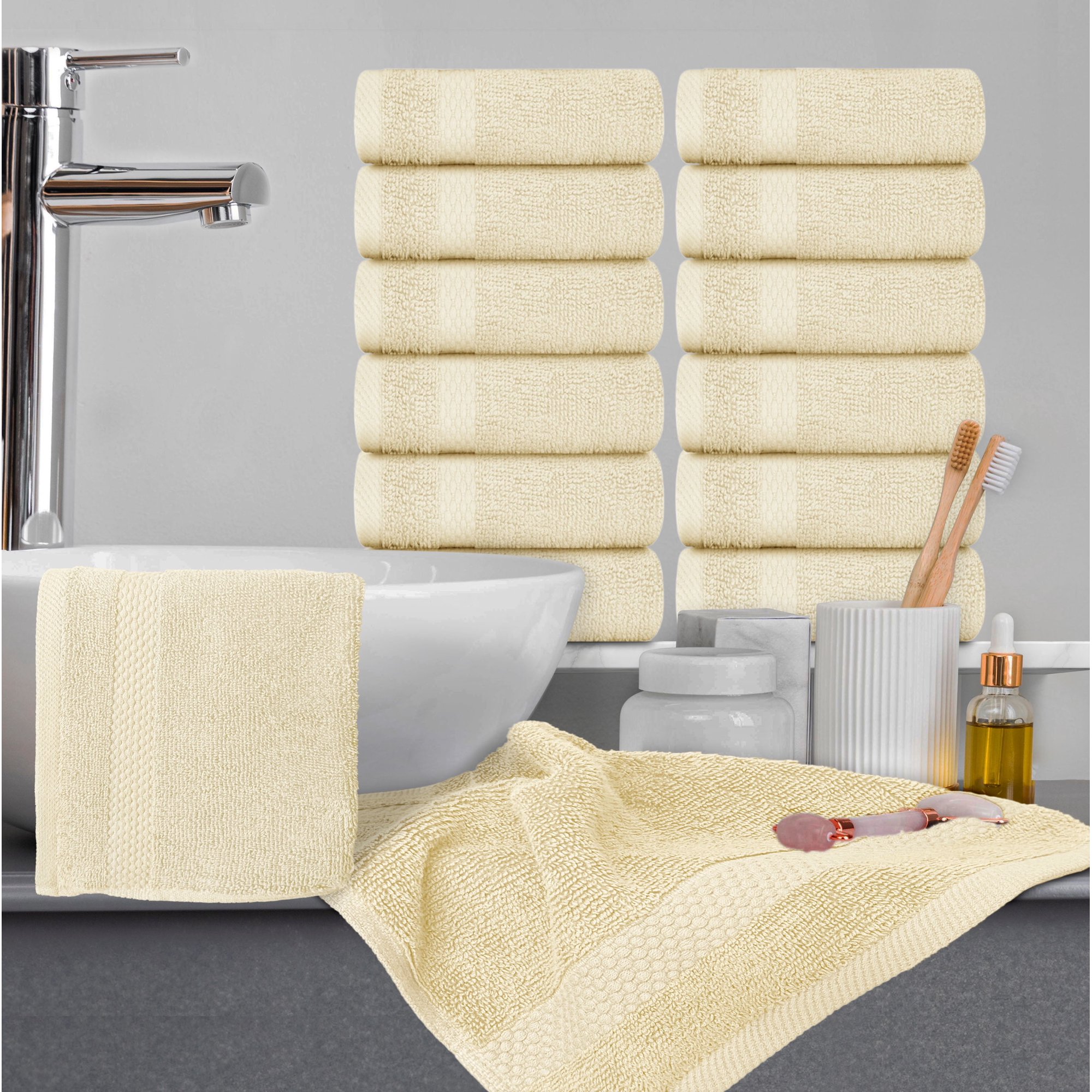 White Classic Luxury Cotton 12 Pc Washcloth Set, Hotel Style Small Bath Towel and Face Cloth 13x13, Soft Washcloths 12 Pack, Plush High Absorbent Wash Clothes, Bathroom Face Towels, Beige Towels