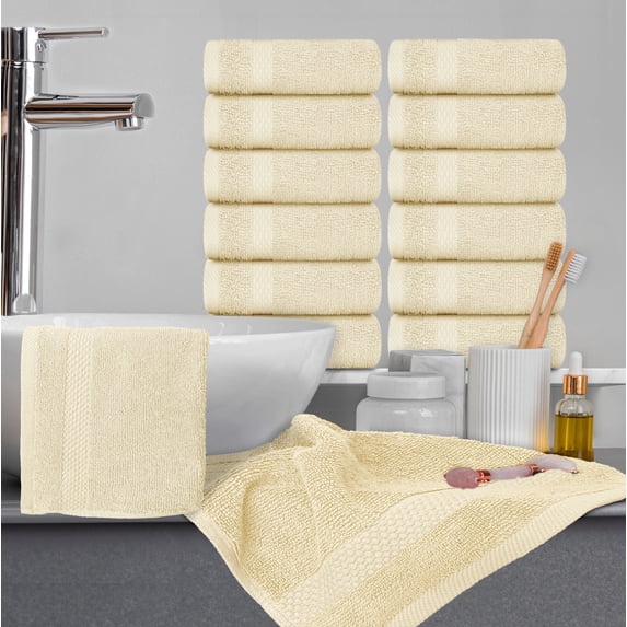 White Classic Hotel Collection Soft Cotton Washcloth Set, Small Bath Towels and Face Cloths, Beige, 13 x 13, 12 Pack