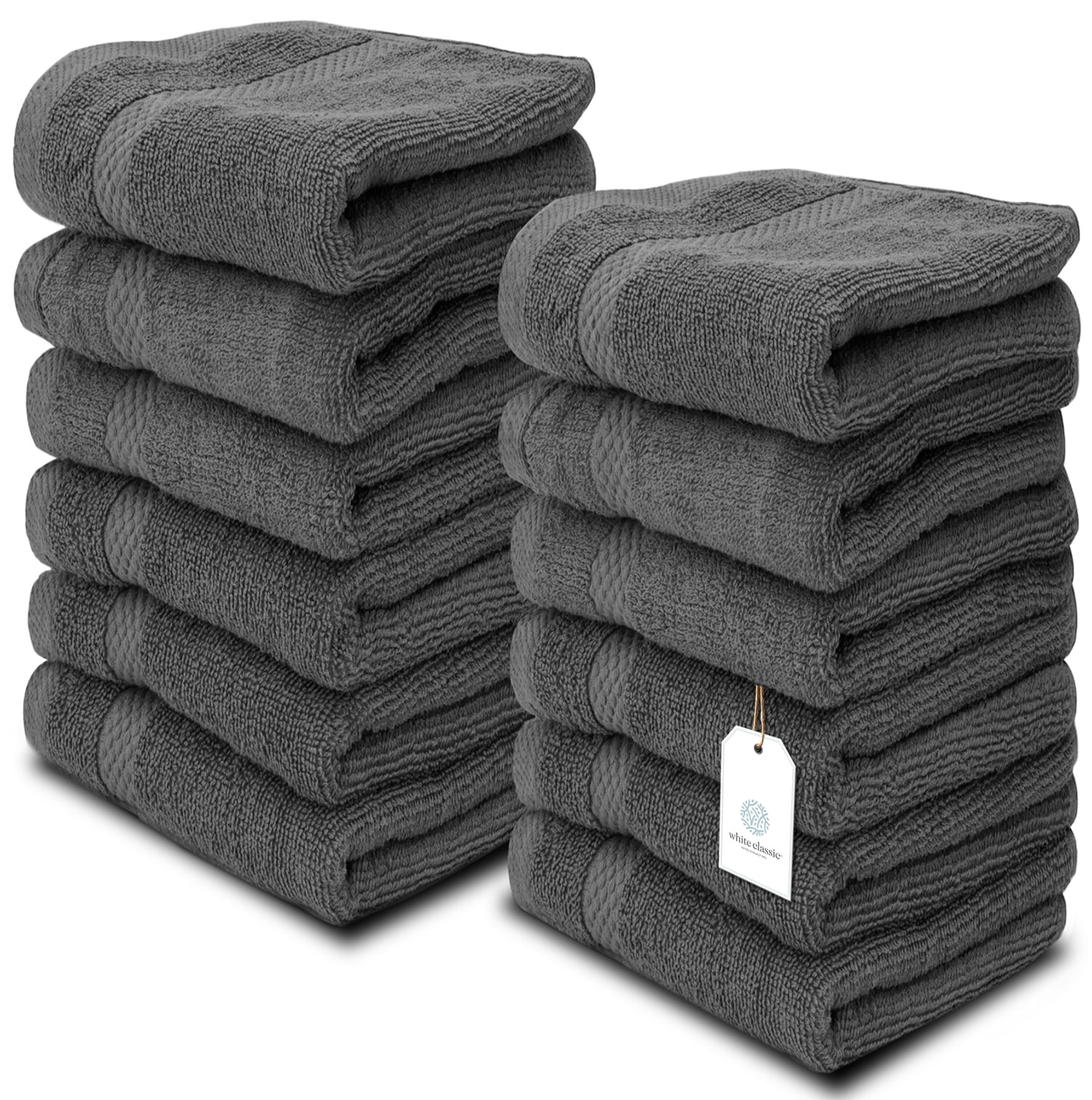 White Classic Luxury Cotton 12 pc Washcloth Set, Hotel Style Small Bath