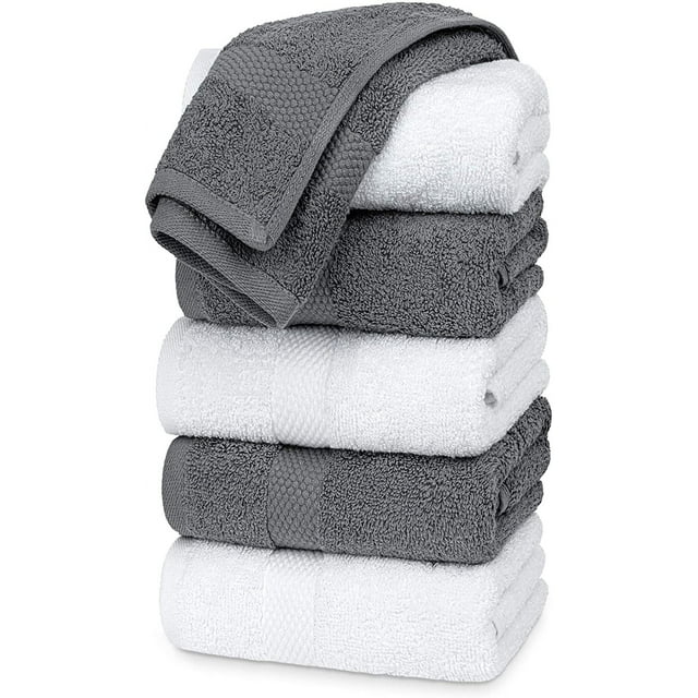 White Classic Luxury Cotton 6 Pc Hand Towels Set, Hotel Style Small Bath Towel and Face Towel