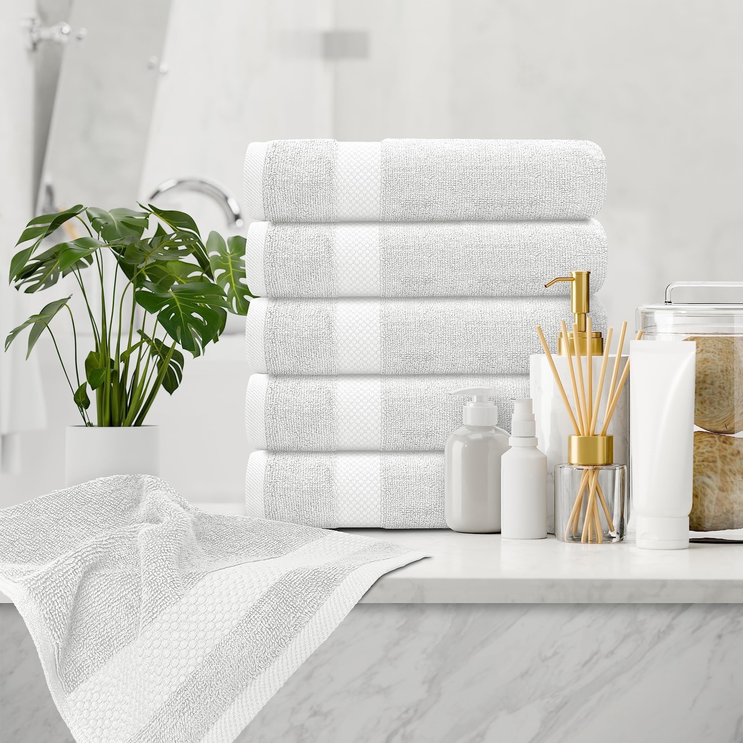 White Classic Hotel Collection Luxury Soft Cotton Hand Towels, Silver, 16 x 30, 6 Pack