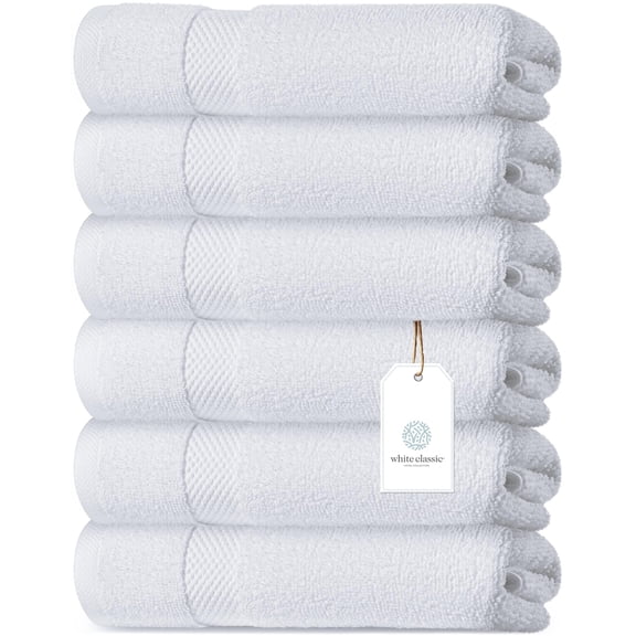 White Classic Hotel Collection Luxury Soft Cotton Hand Towels, White, 16 x 30, 6 Pack