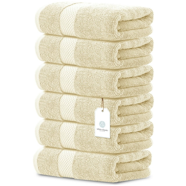 White Classic Luxury Cotton 6 pc Hand Towels Set, Hotel Style Small