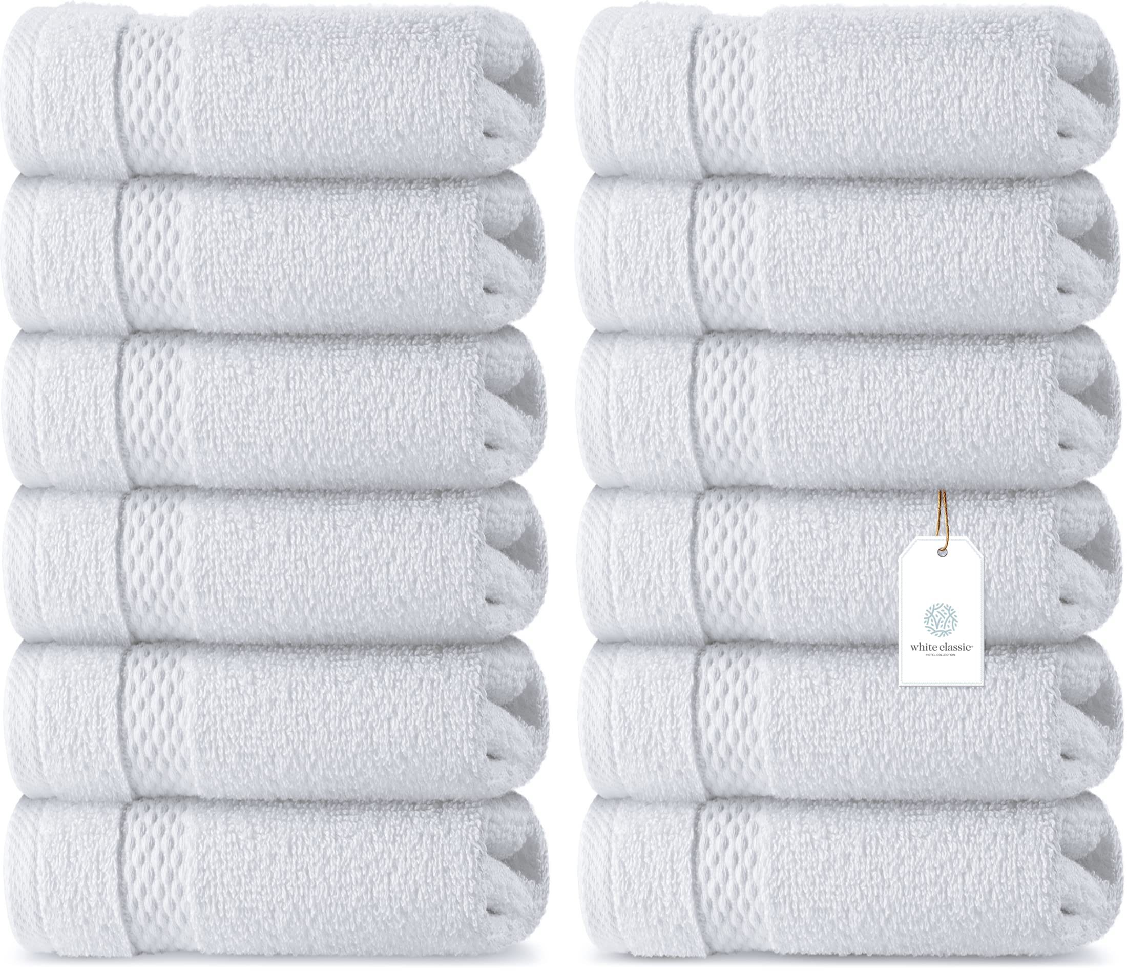 White Classic Luxury Cotton Washcloths Large 13x13" Hotel Style Face