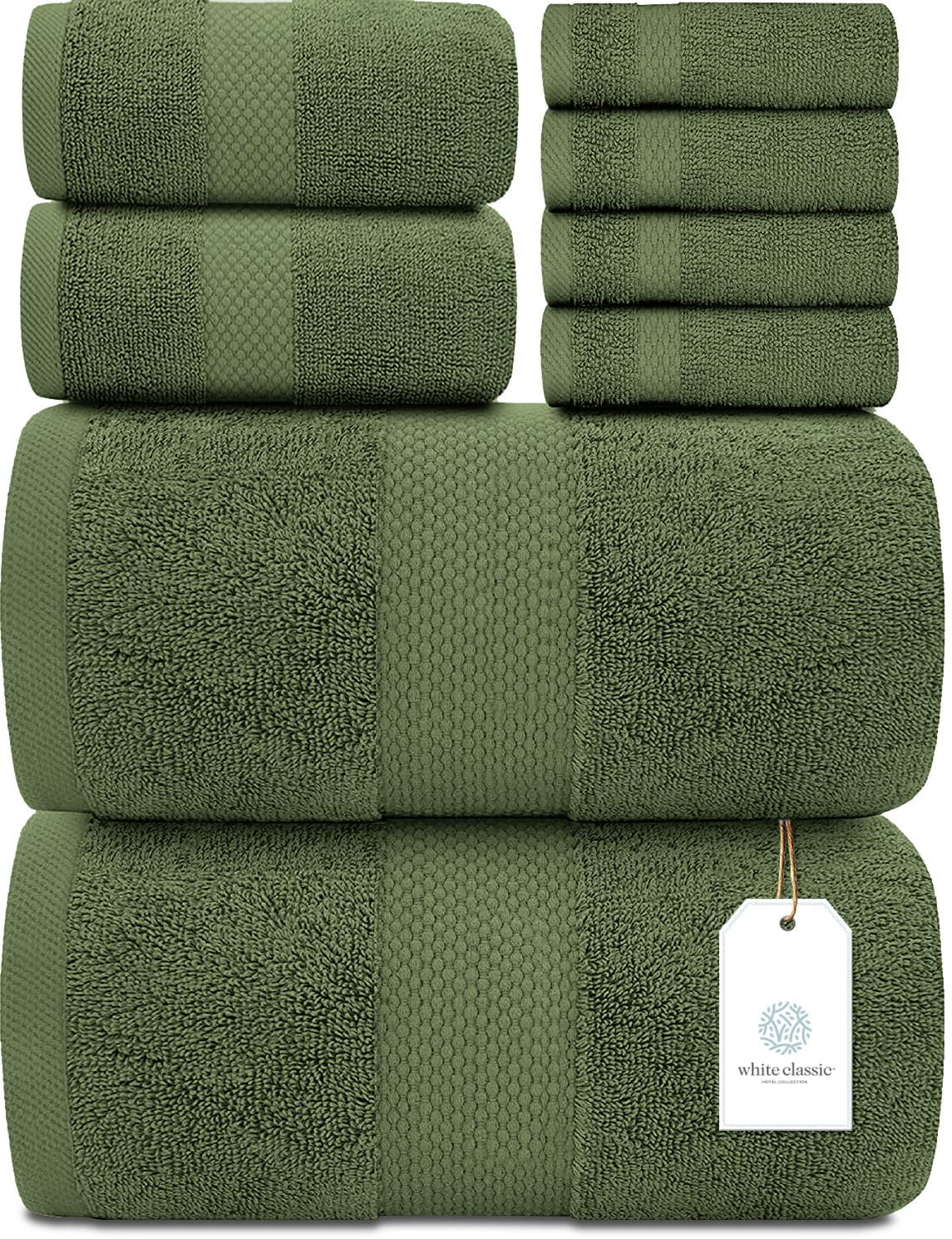White Classic Luxury Forest Green Bath Towel Set - Combed Cotton Hotel Quality Absorbent 8 Piece Towels | 2 Bath Towels | 2 Hand Towels | 4 Washcloths - 8 Pack | Forest Green