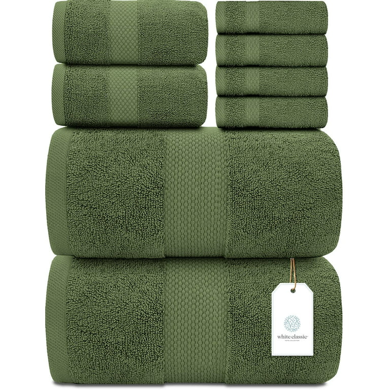 White Classic Luxury Bath Towel Set 8 Piece - Forest Green