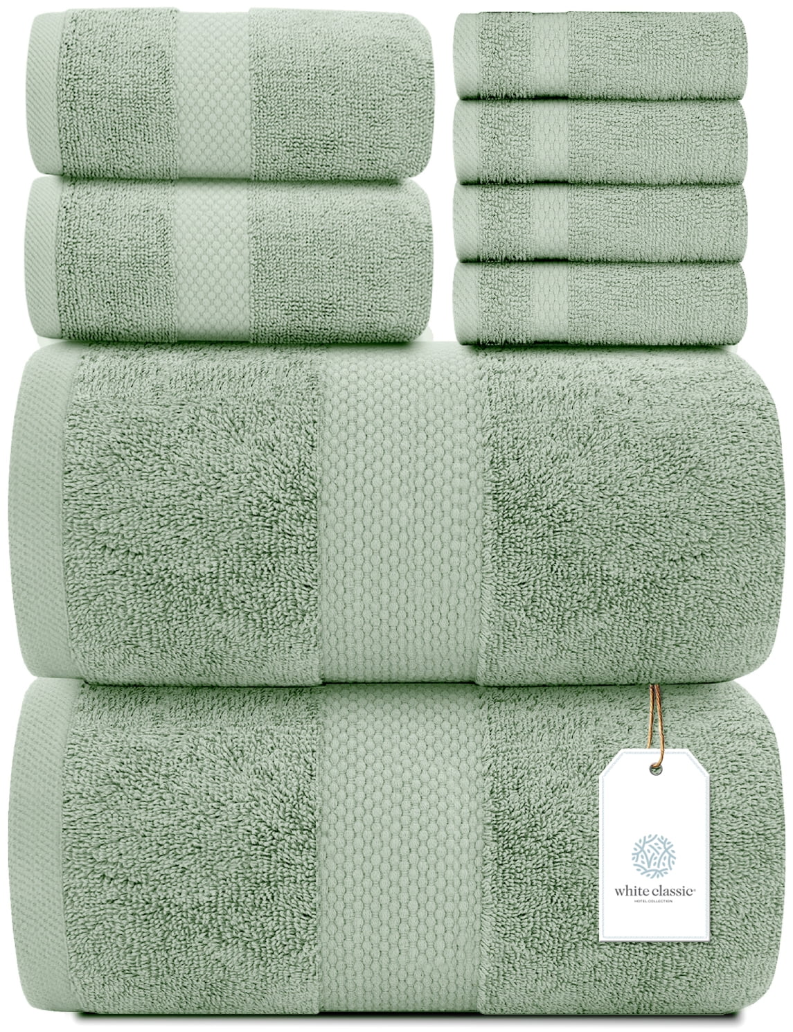White Classic Luxury Green Bath Towel Set - Hotel Soft Cotton 2/Bath 2/Hand  4/Wash - 8 Piece