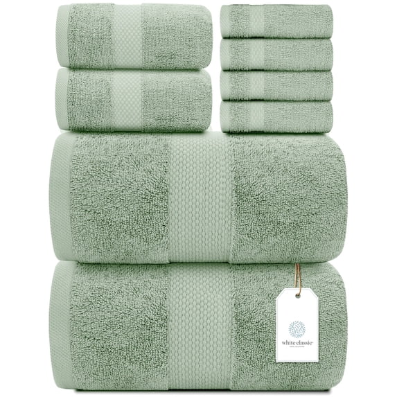 White Classic Hotel Collection Luxury 8-Piece 100% Turkish Cotton Towel Set, Green