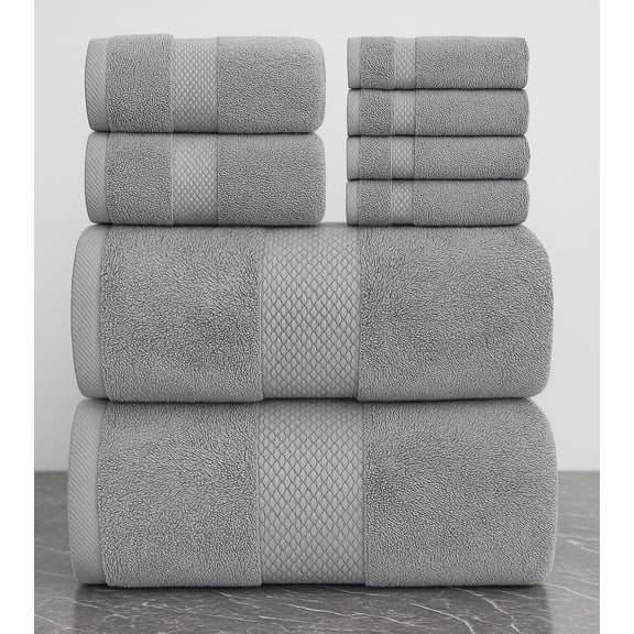 White Classic Hotel Collection Luxury 8-Piece 100% Turkish Cotton Towel Set, Light Gray