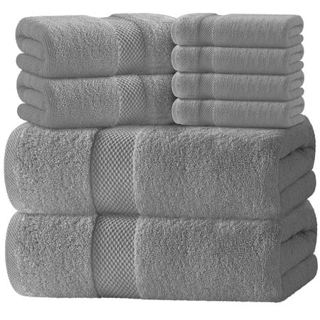 White Classic Hotel Collection Luxury 8-Piece 100% Turkish Cotton Towel Set, Light Gray