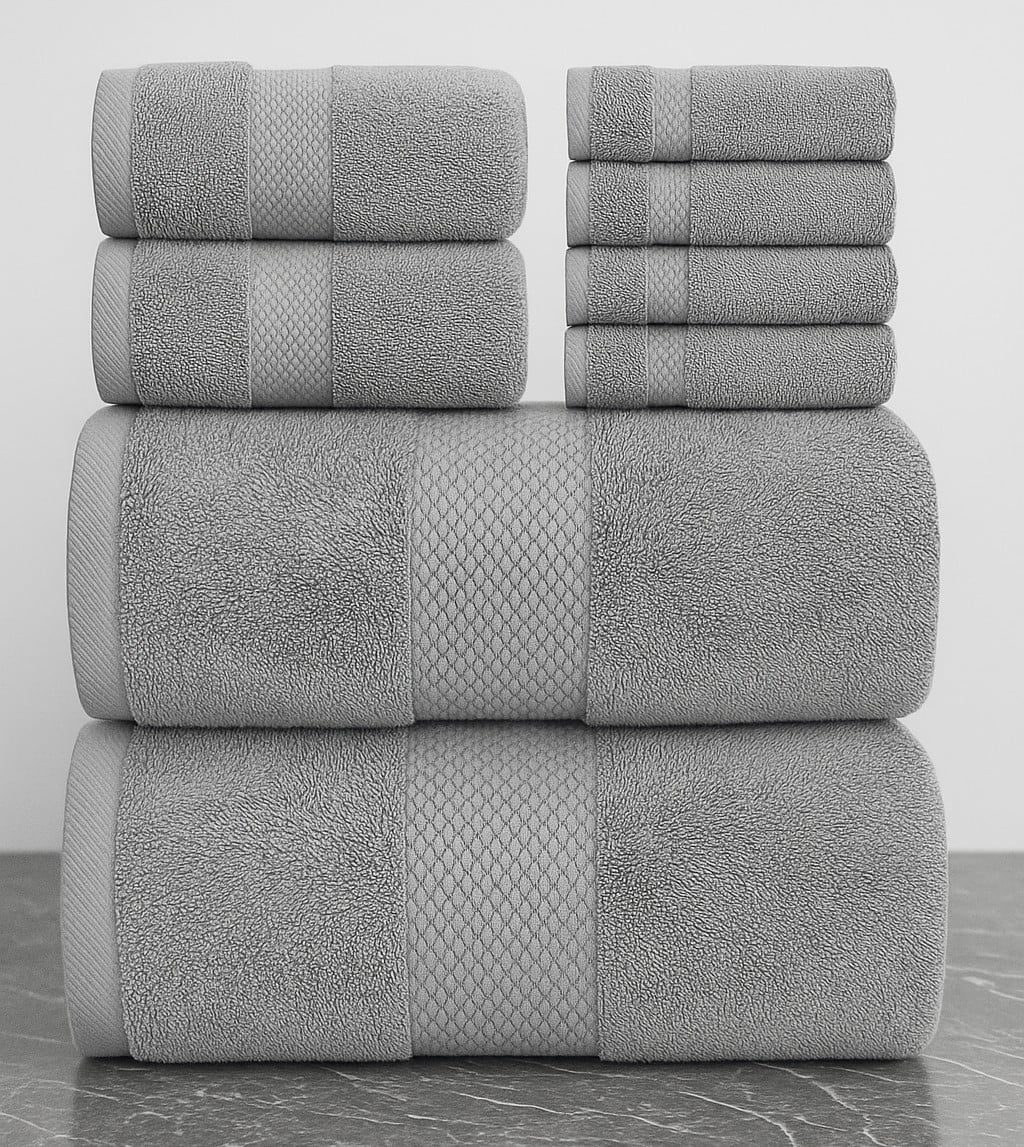 Luxury Bath Towel Set of 8 Pieces - 100% Turkish Cotton 700 GSM Highly Absorbent Towels for Bathroom, 2 Bath Towels, 2 Hand Towels, 4 Washcloths - Light Grey