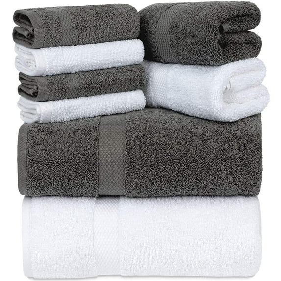 White Classic Luxury Grey/White Bath Towel Set - Hotel Soft Cotton 2/Bath 2/Hand 4/Wash - 8 Piece
