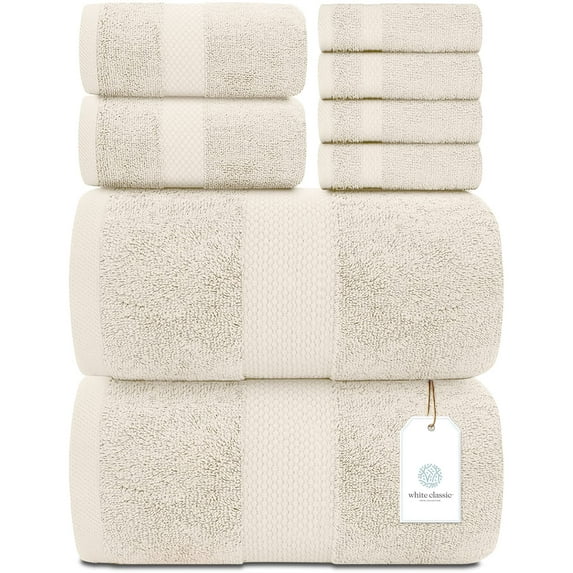 White Classic Luxury Ivory Bath Towel Set - Combed Cotton Hotel Quality Absorbent 8 Piece Towels | 2 Bath Towels | 2 Hand Towels | 4 Washcloths - 8 Pack | Ivory