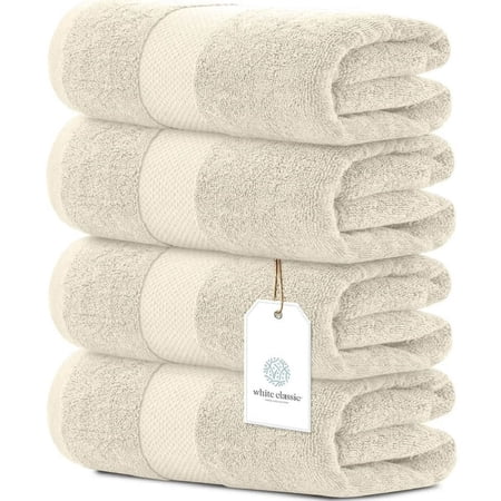 White Classic Hotel Collection 700 Gsm Turkish Cotton Bath Towels, Bathroom Towels Set, Ivory, 27 x 54, 4 Pack