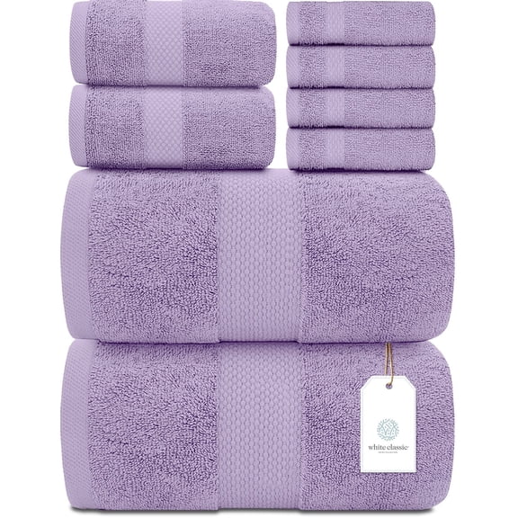 White Classic Hotel Collection Luxury 8-Piece 100% Turkish Cotton Towel Set, Lavender