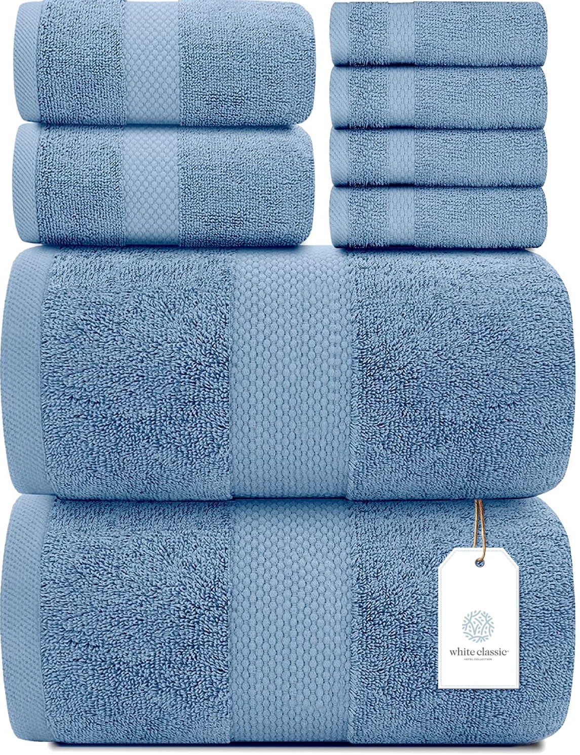 White Classic Hotel Collection Luxury 8-Piece 100% Turkish Cotton Towel Set, Light Blue