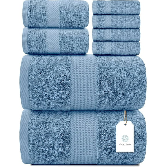 White Classic Luxury Light Blue Bath Towel Set - Hotel Soft Cotton 2/Bath 2/Hand 4/Wash - 8 Piece