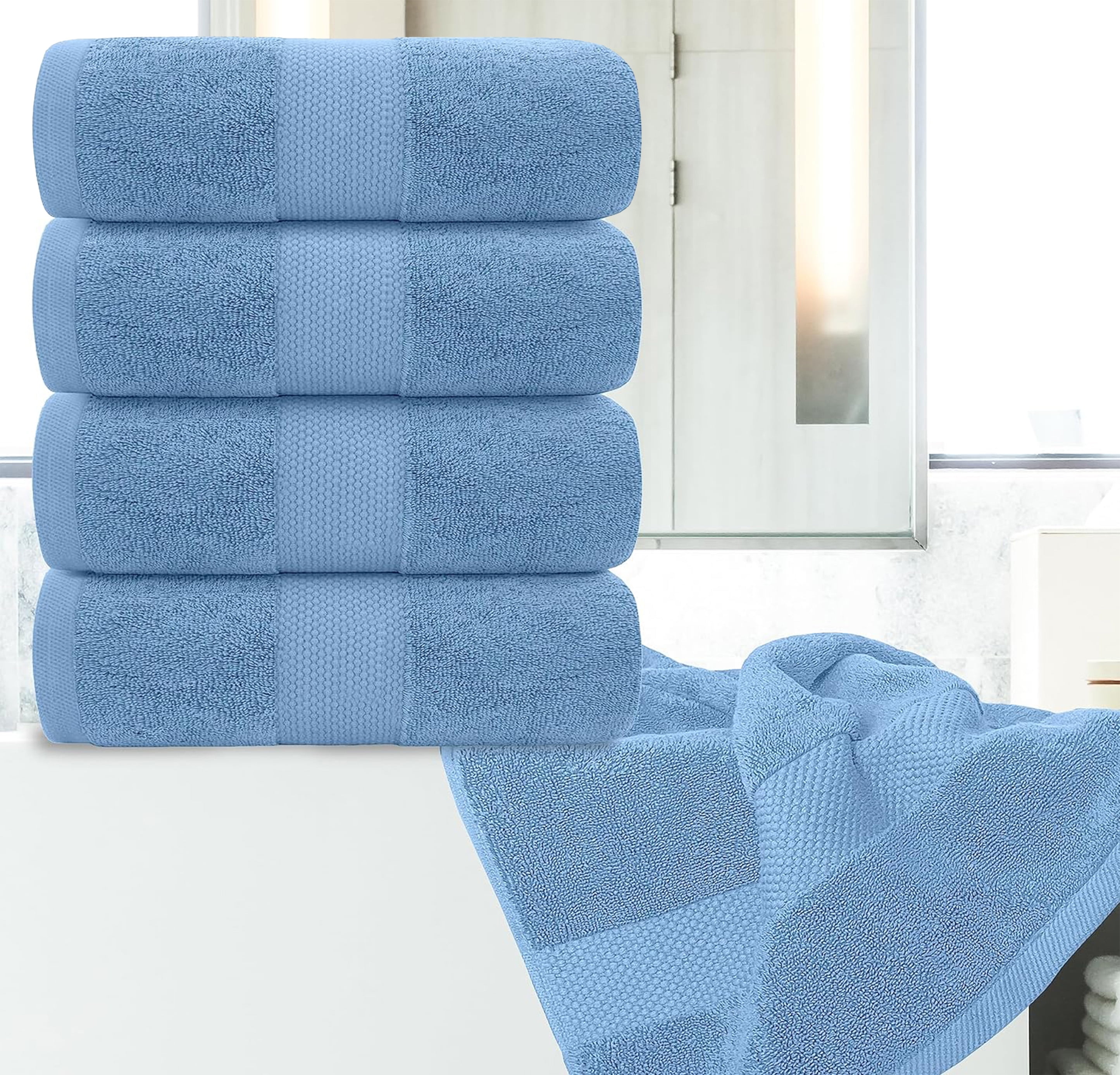 White Classic Luxury Light Blue Bath Towels Large Pack of 4, Hotel