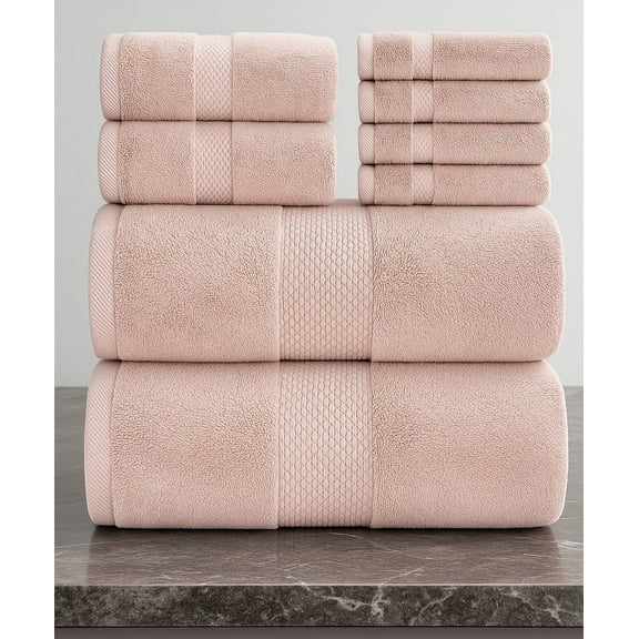 White Classic Luxury Pink Bath Towel Set of 8 Pieces - 100% Turkish Cotton 700 GSM Highly Absorbent Towels for Bathroom, 2 Bath Towels, 2 Hand Towels, 4 Washcloths