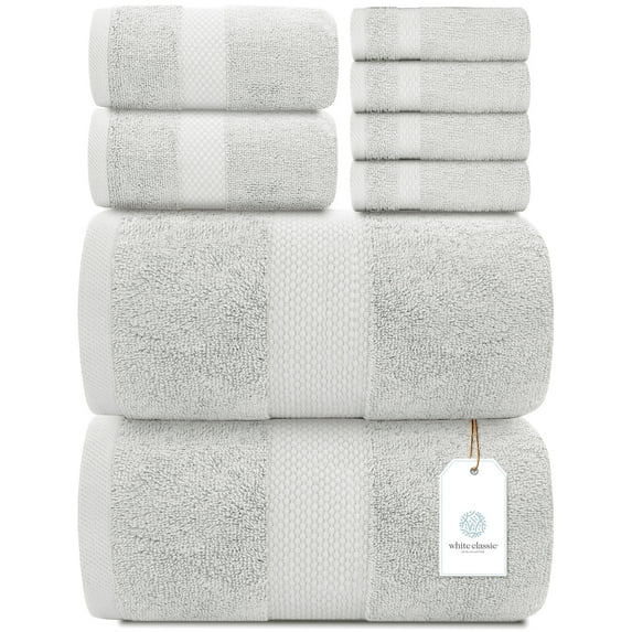 White Classic Luxury Silver Bath Towel Set - Hotel Soft Cotton 2/Bath 2/Hand 4/Wash - 8 Piece