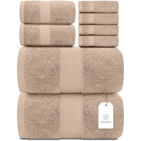 White Classic Hotel Collection Luxury 8-Piece 100% Turkish Cotton Towel Set, Taupe