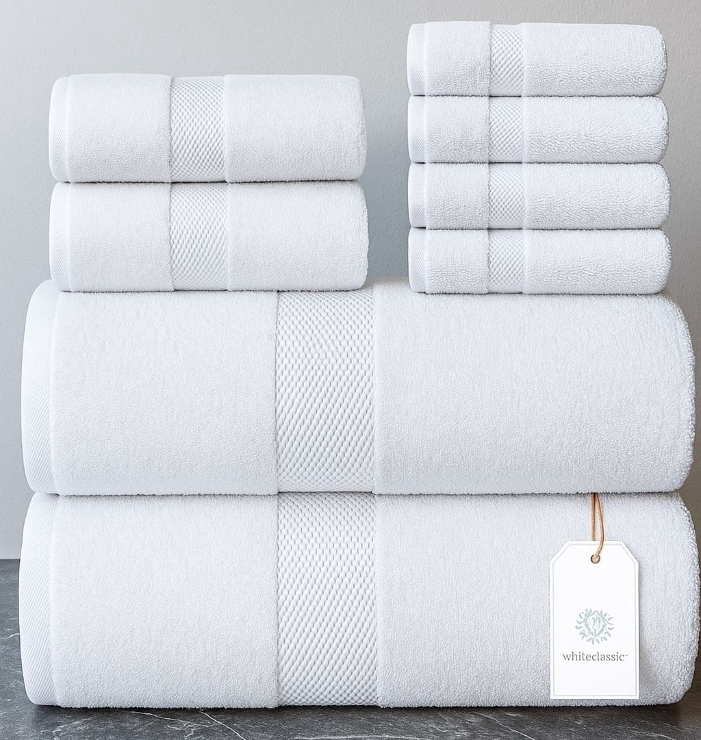 White Classic Hotel Collection Luxury 8-Piece 100% Turkish Cotton Towel Set, White