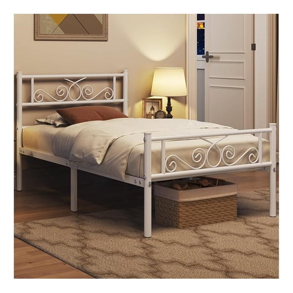 White Classic Metal Platform Bed Frame with Headboard and Footboard Mattress Foundation/Metal Slat Support/Easy Assembly,Twin Size