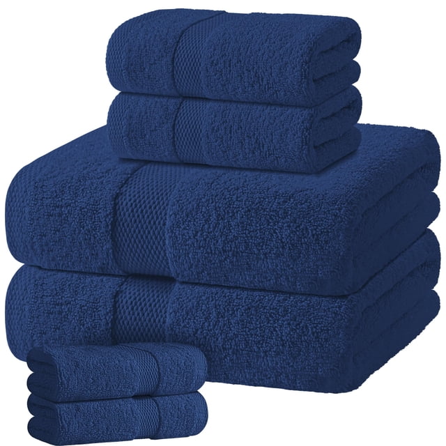 White Classic Navy Blue Bath Towel Set of 6 - 100% Cotton Highly Absorbent Towels for Bathroom, 2 Luxury Bath Towels 650GSM, 2 Hand Towels, 2 Washcloths