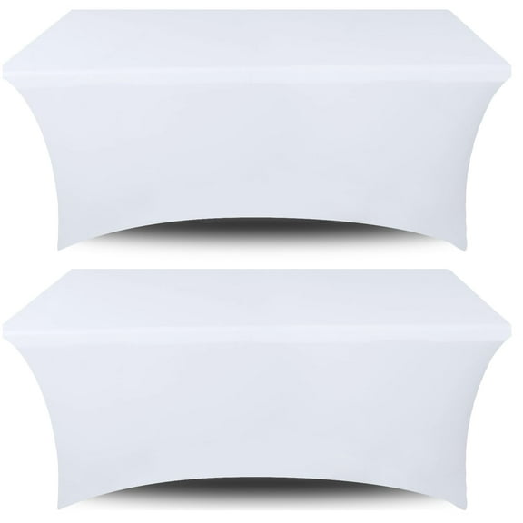 White Classic Spandex Table Covers 8FT, Pack of 2 Fitted Tablecloth, Wrinkle Resistant Folding Table Cover, Washable Stretch Table Cloth for Any Event, White
