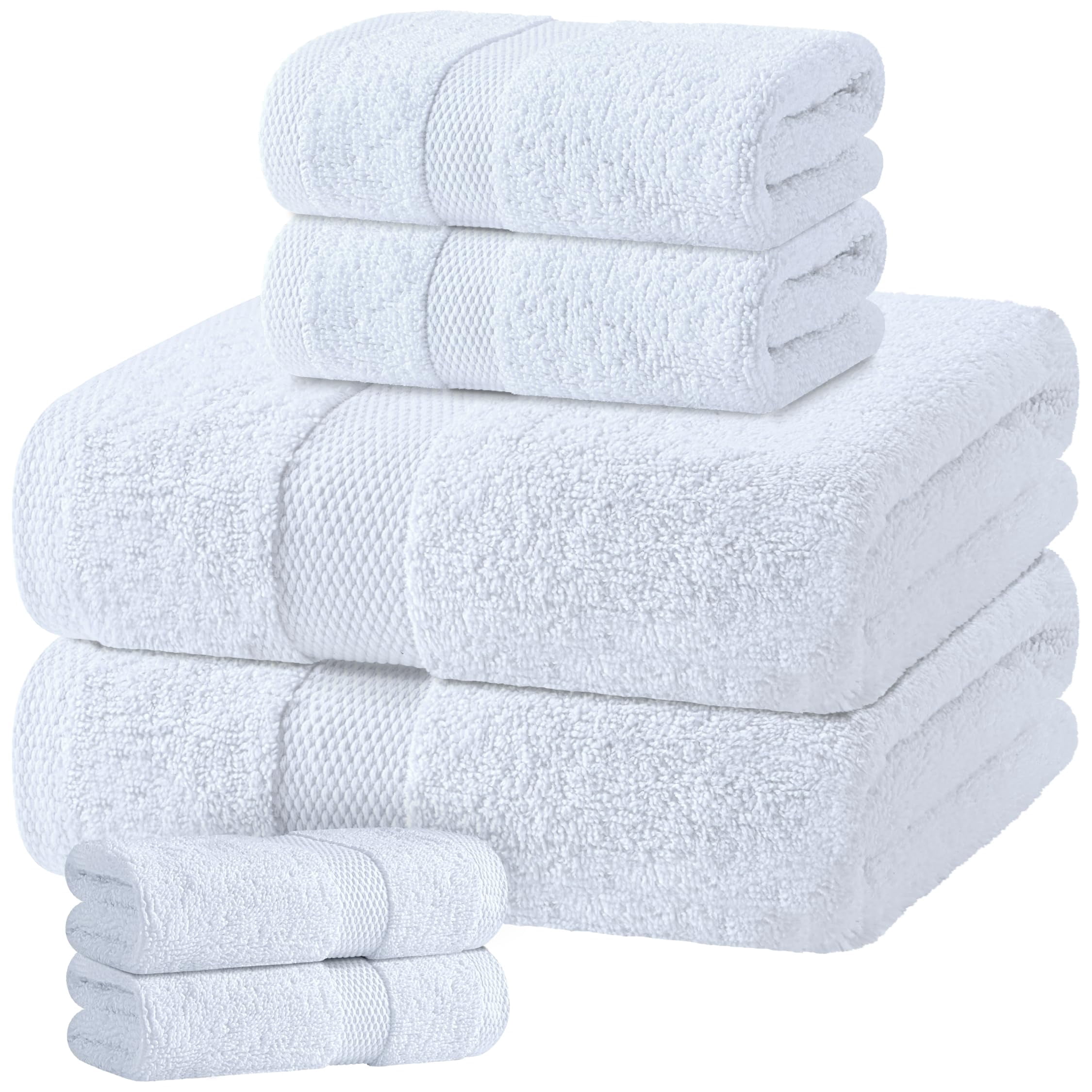 White Classic White Bath Towel Set of 6 - 100% Cotton Highly Absorbent Towels for Bathroom, 2 Luxury Bath Towels 650GSM, 2 Hand Towels, 2 Washcloths