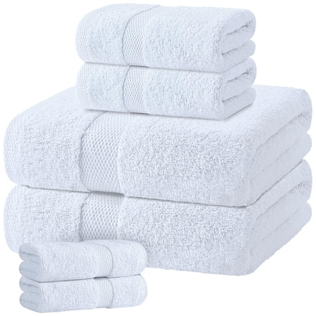 White Classic White Bath Towel Set of 6 - 100% Cotton Highly Absorbent Towels for Bathroom, 2 Luxury Bath Towels 650GSM, 2 Hand Towels, 2 Washcloths