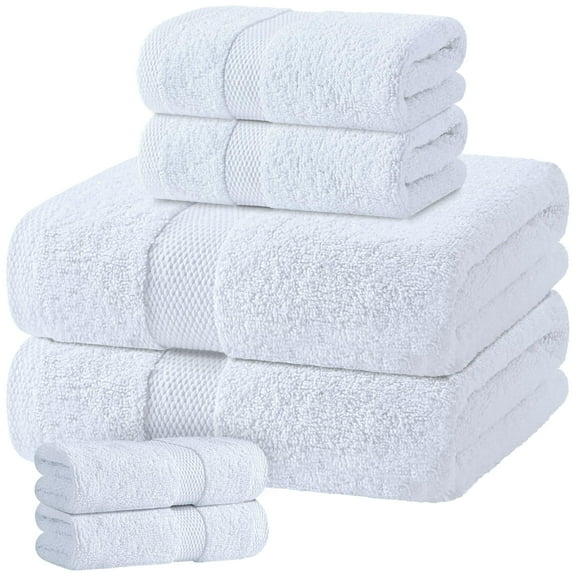 White Classic White Bath Towel Set of 6 - 100% Cotton Highly Absorbent Towels for Bathroom, 2 Luxury Bath Towels 650GSM, 2 Hand Towels, 2 Washcloths