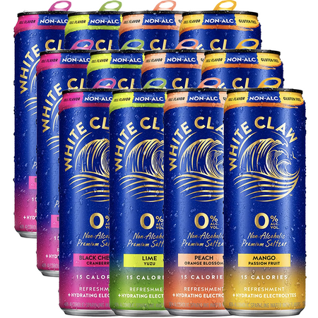 White Claw 12 Pack 0% Alcohol Peach, Mango, Lime and Black Cherry Non-Alcoholic Premium Non-Hard Seltzer | 15 Calories, Gluten Free, Hydrating Electrolytes
