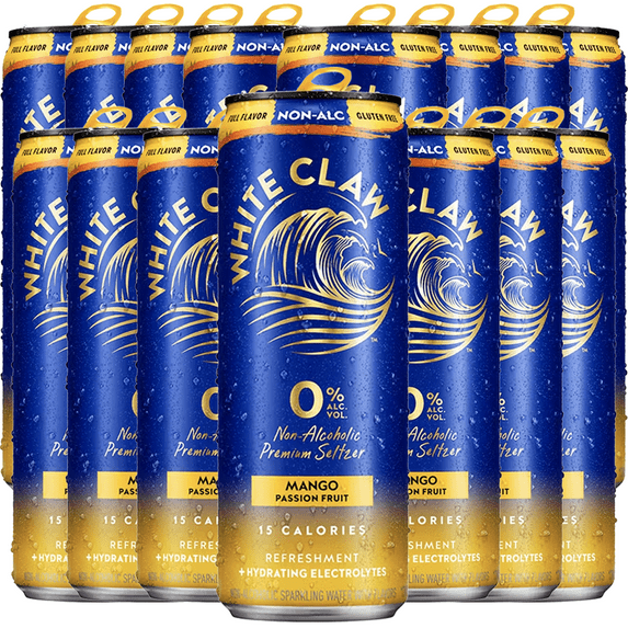 White Claw 15 Pack 0% Alcohol Mango Passion Fruit Non-Alcoholic Premium Non-Hard Seltzer | 15 Calories, Gluten Free, Hydrating Electrolytes