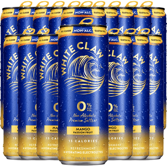 White Claw 16 Pack 0% Alcohol Mango Passion Fruit Non-Alcoholic Premium Non-Hard Seltzer | 15 Calories, Gluten Free, Hydrating Electrolytes