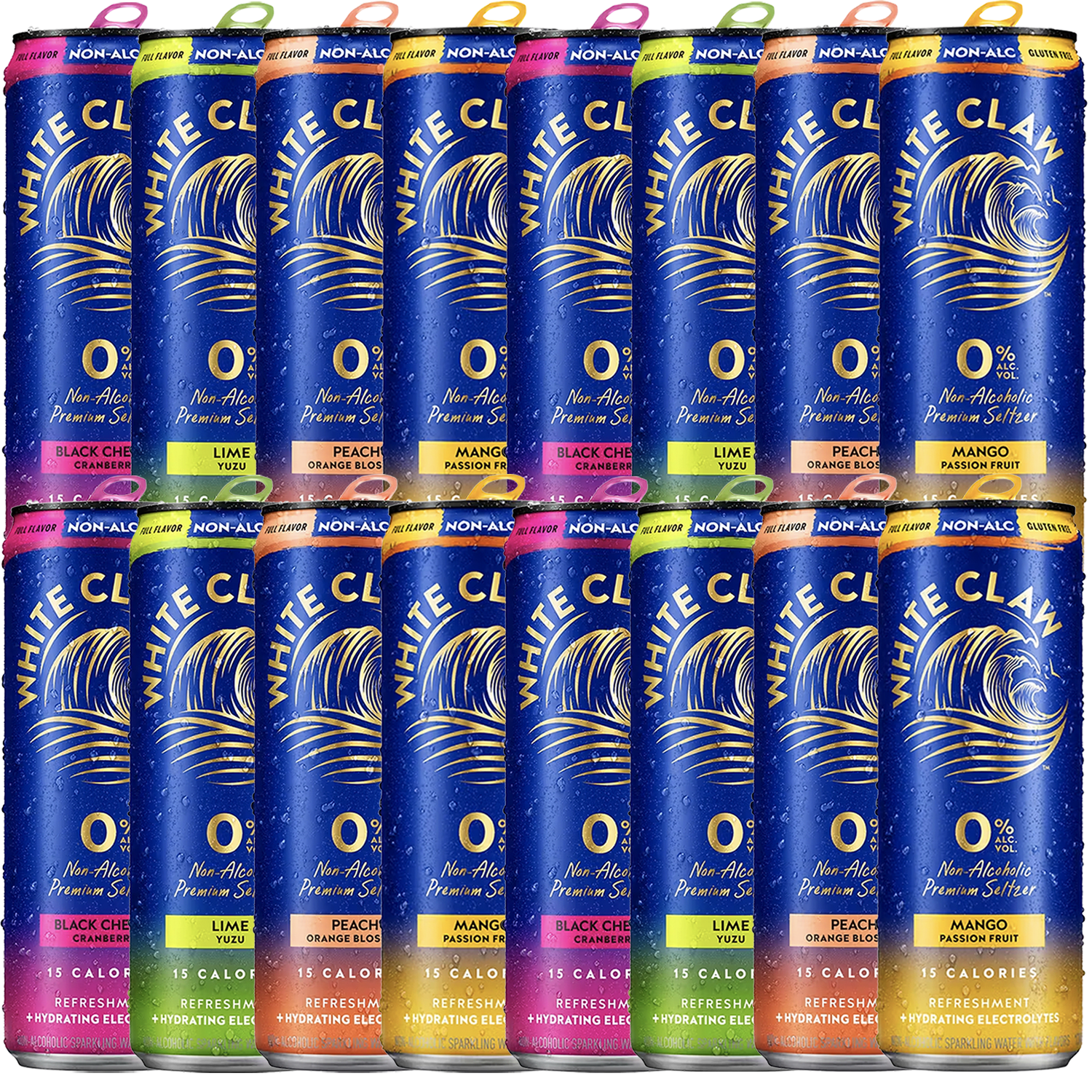 White Claw 24 Pack 0% Alcohol Peach, Mango, Lime and Black Cherry Non-Alcoholic Premium Non-Hard Seltzer | 15 Calories, Gluten Free, Hydrating Electrolytes