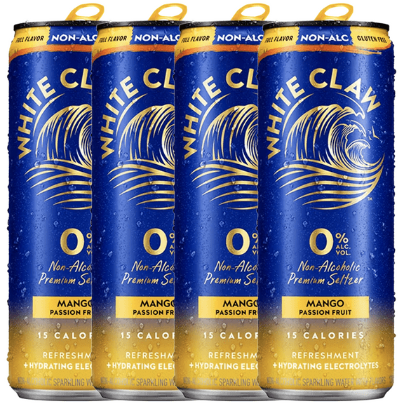 White Claw 4 Pack 0% Alcohol Mango Passion Fruit Non-Alcoholic Premium Non-Hard Seltzer | 15 Calories, Gluten Free, Hydrating Electrolytes