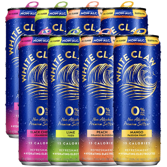 White Claw 8 Pack 0% Alcohol Peach, Mango, Lime and Black Cherry Non-Alcoholic Premium Non-Hard Seltzer | 15 Calories, Gluten Free, Hydrating Electrolytes