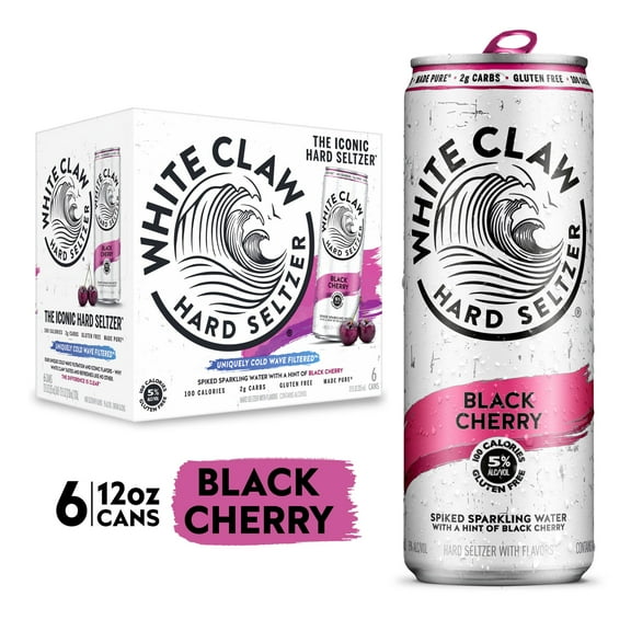 White Claw Hard Seltzer Black Cherry, 6 Pack, 12 fl oz Cans, 5% ABV