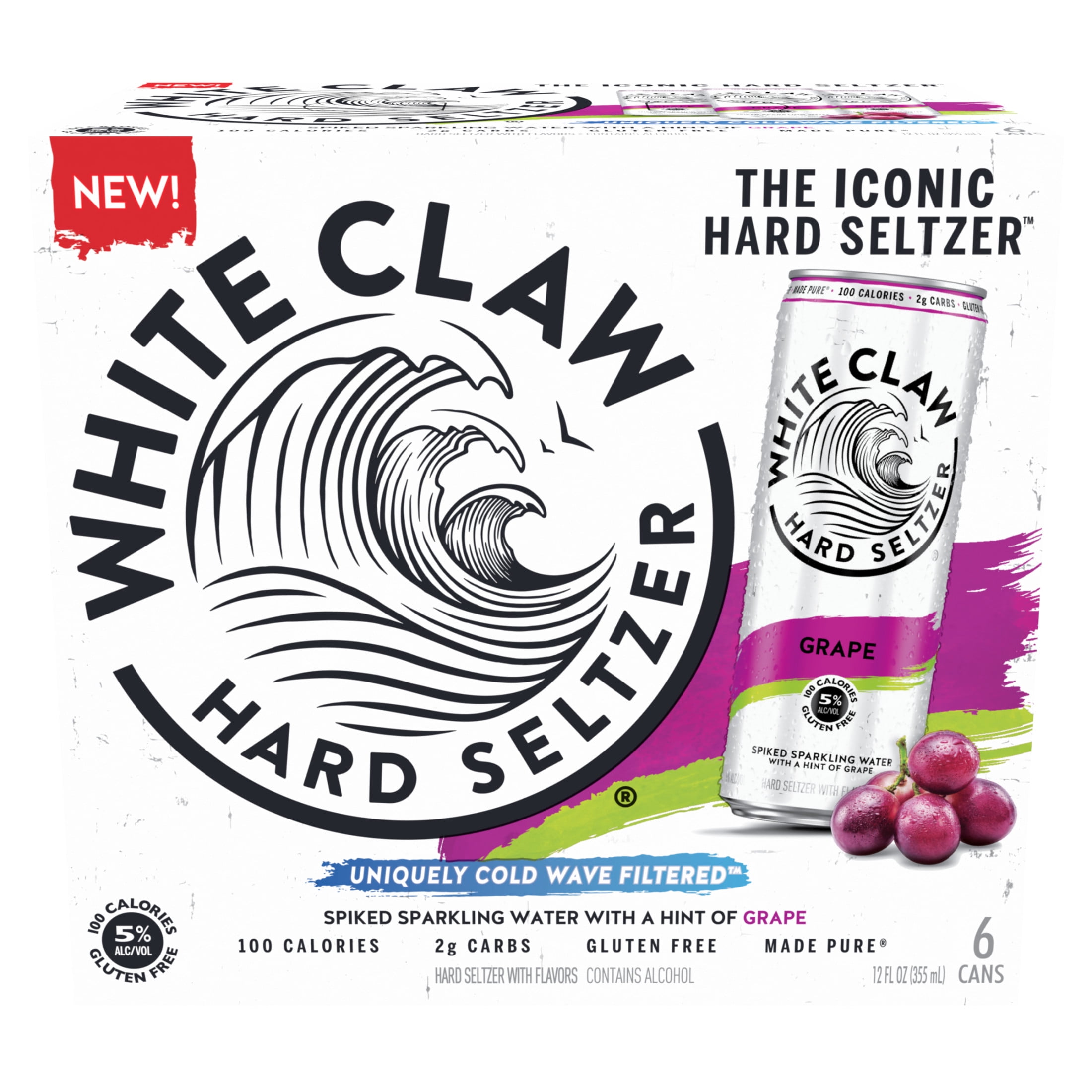White Claw Hard Seltzer Grape, 6 Pack, 12 fl oz Cans, 5% ABV