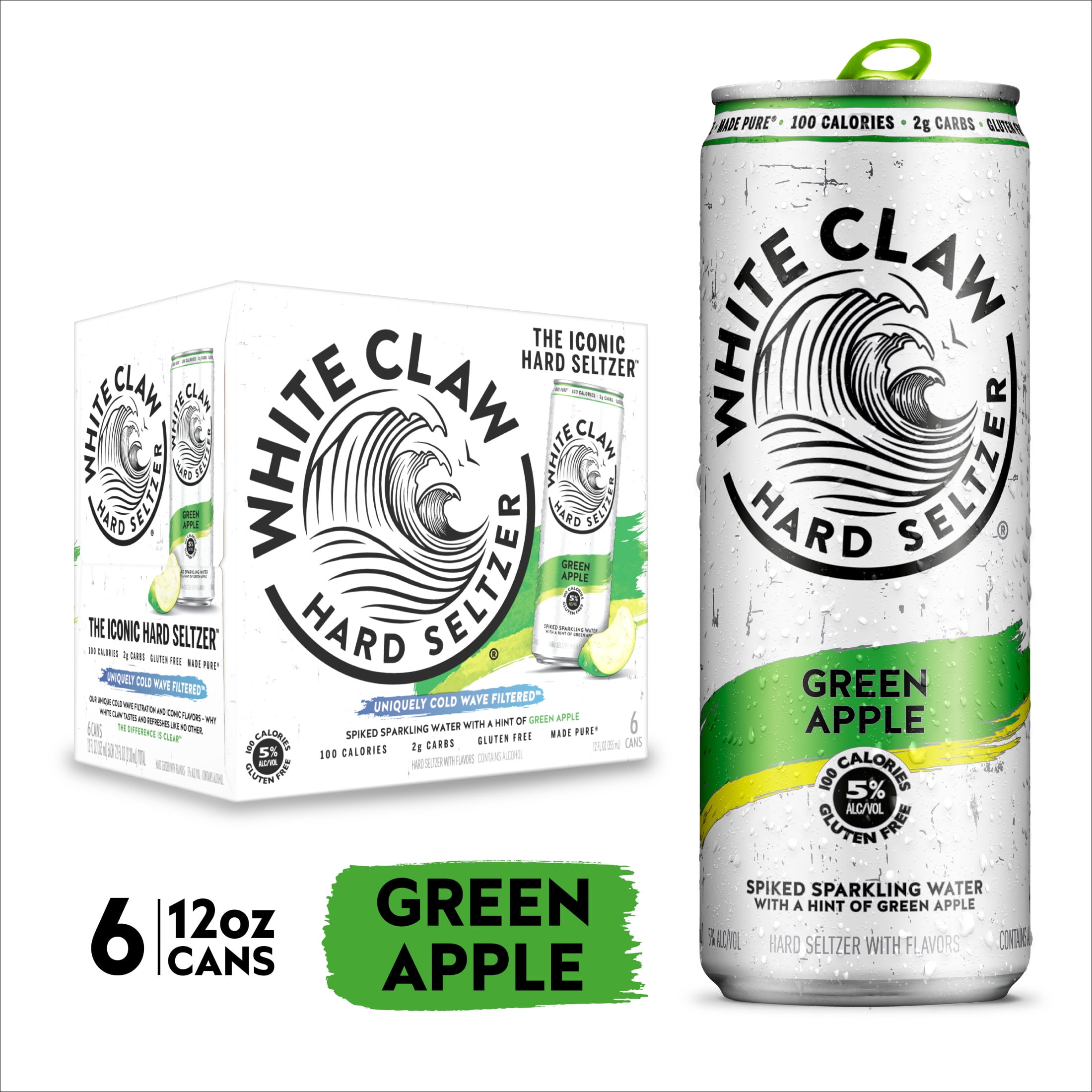 White Claw Hard Seltzer Green Apple, 6 Pack, 12 fl oz Cans, 5% ABV