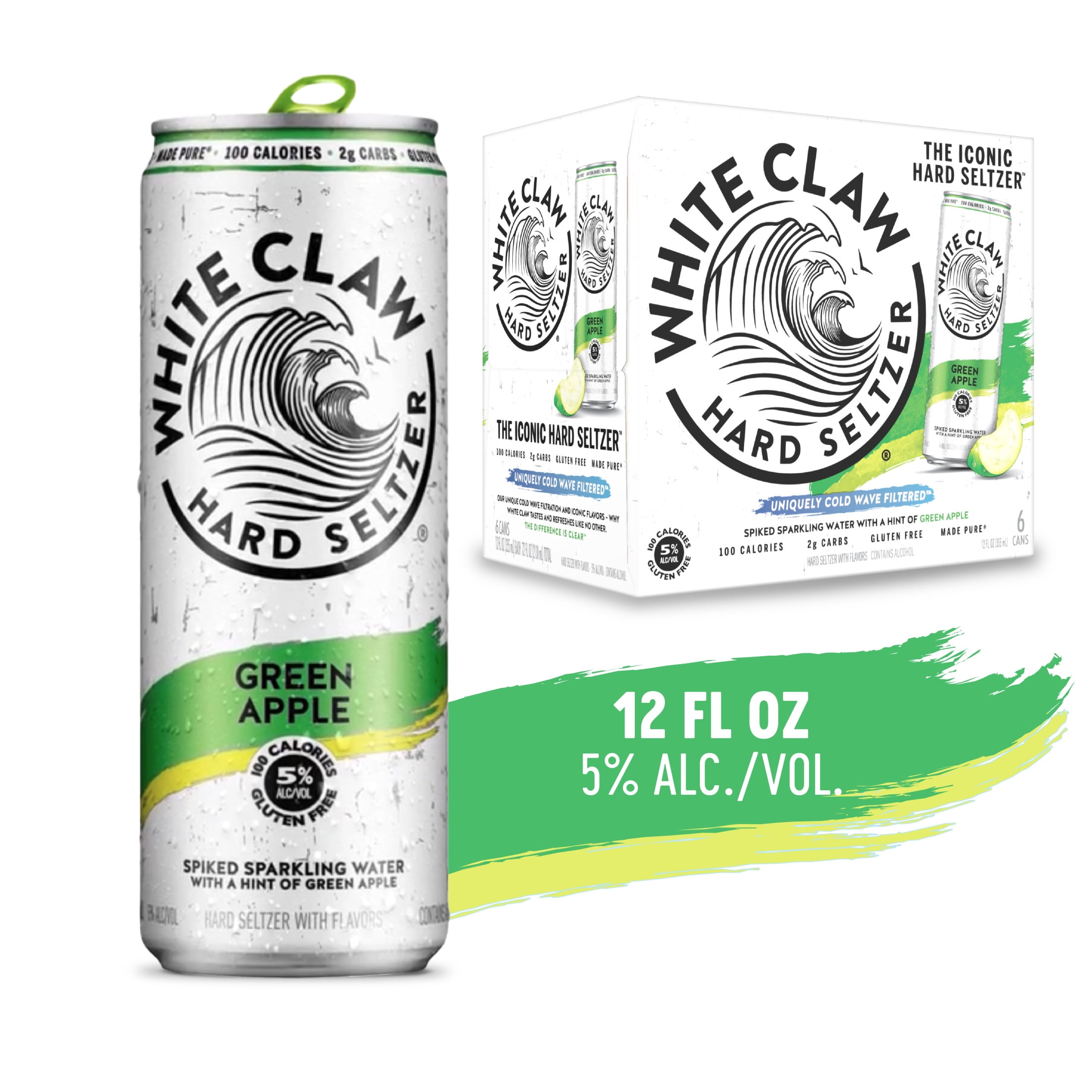 White Claw Hard Seltzer Green Apple, 6 Pack, 12 fl oz Cans, 5% ABV