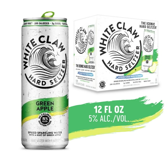 White Claw Hard Seltzer Green Apple, 6 Pack, 12 fl oz Cans, 5% ABV