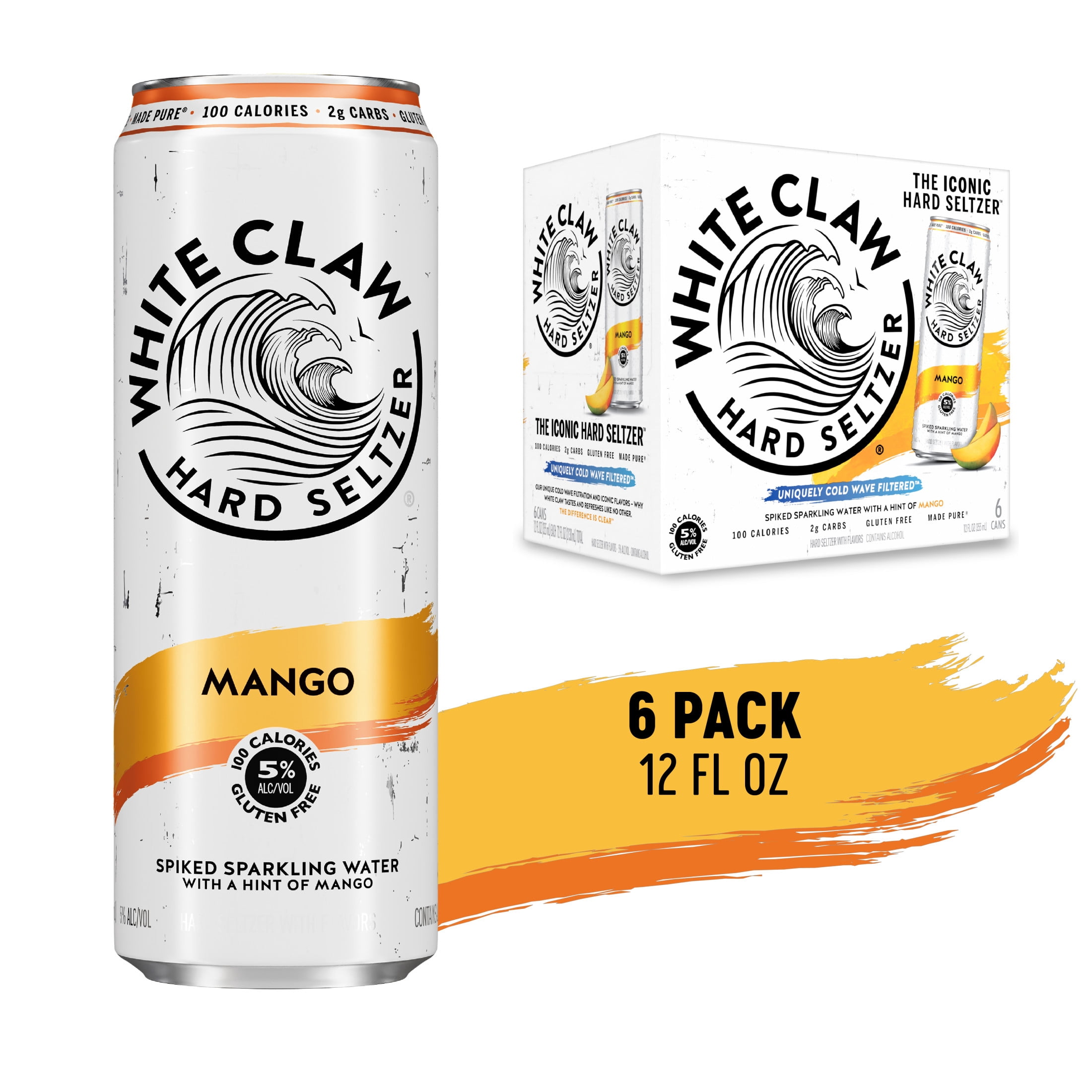 White Claw Hard Seltzer Mango, 6 Pack, 12 fl oz Cans, 5% ABV