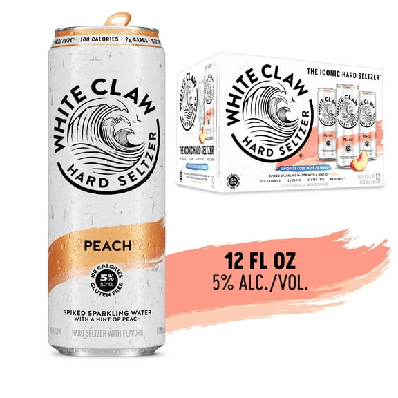 White Claw Hard Seltzer Peach, 12 Pack, 12 fl oz Cans, 5% ABV