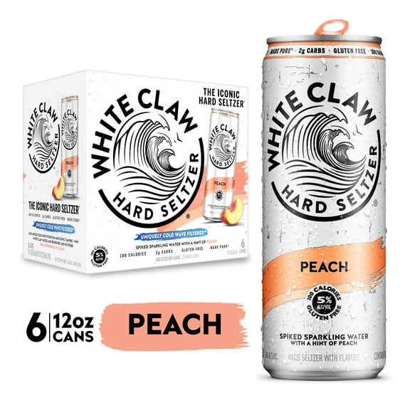 White Claw Hard Seltzer Peach, 6 Pack, 12 fl oz Cans, 5% ABV