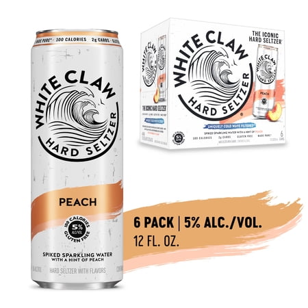 White Claw Hard Seltzer Peach, 6 Pack, 12 fl oz Cans, 5% ABV