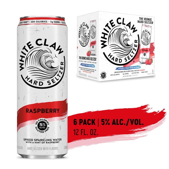 White Claw Hard Seltzer Raspberry, 6 Pack, 12 fl oz Cans, 5% ABV