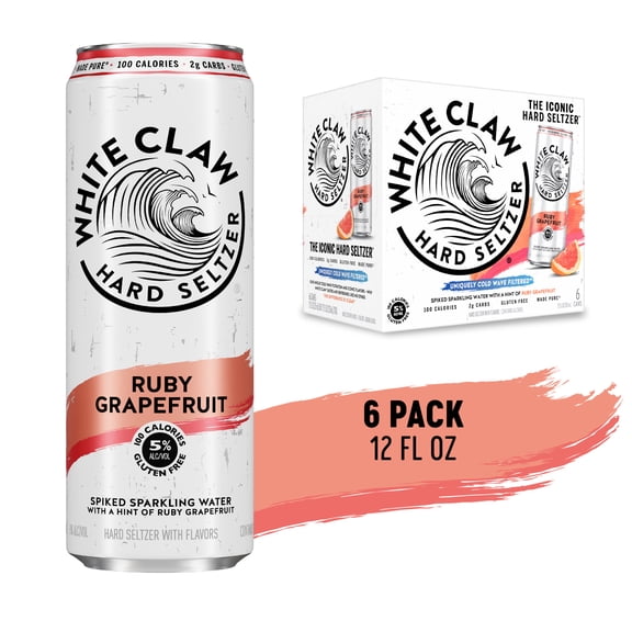 White Claw Hard Seltzer Ruby Grapefruit, 6 Pack, 12 fl oz Cans, 5% ABV